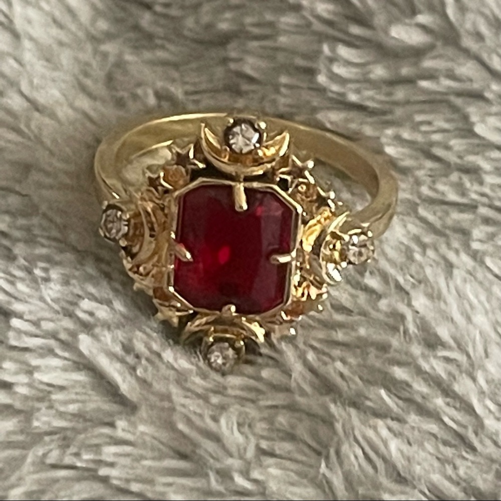 Vintage 14k Gold Ruby & White Sapphire Stars & Moons Goddess Ring - Picture 8 of 13